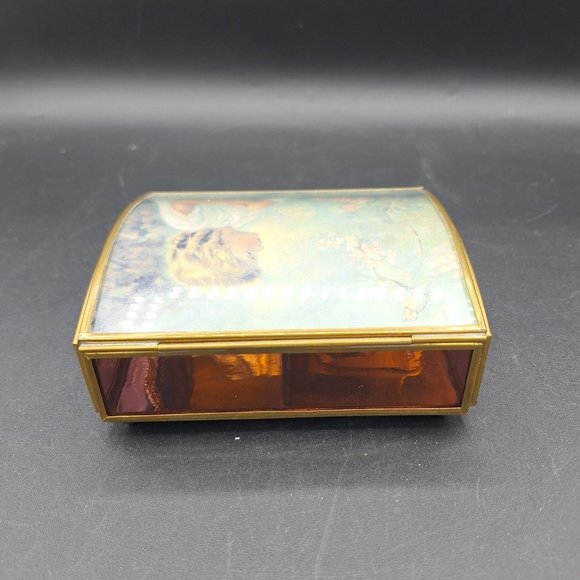 VINTAGE VIA VERMONT LTD GLASS & BRASS GIRL FLOWERS BIRD MUSIC JEWELRY BOX - Picture 4 of 14